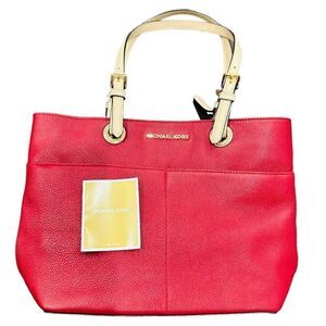 NWOT Michael Kors Bedford Red Pocket Tote Pebble Leather Purse Shopper Bag